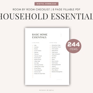 Könnte beinhalten: Ein digitaler Download einer Checkliste mit dem Titel „Household Essentials“ mit einer Liste von Artikeln für jeden Raum. Die Checkliste enthält 244 Artikel und ist zum Ausfüllen konzipiert. Das Design ist minimalistisch mit einer neutralen Farbpalette.