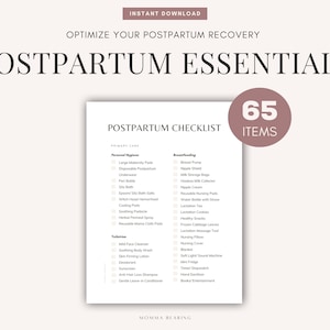 Lista de verificación de elementos esenciales posparto imprimible, la mejor guía de recuperación posparto en PDF, plan de atención para mamá del cuarto trimestre, carpeta digital de embarazo