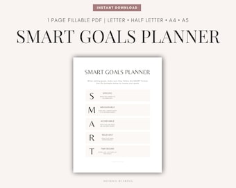 Pode incluir: Uma folha de trabalho de planejamento de metas SMART imprimível com fundo branco e texto preto. A sigla SMART é dividida em cinco categorias: Específico, Mensurável, Alcançável, Relevante e Com prazo.