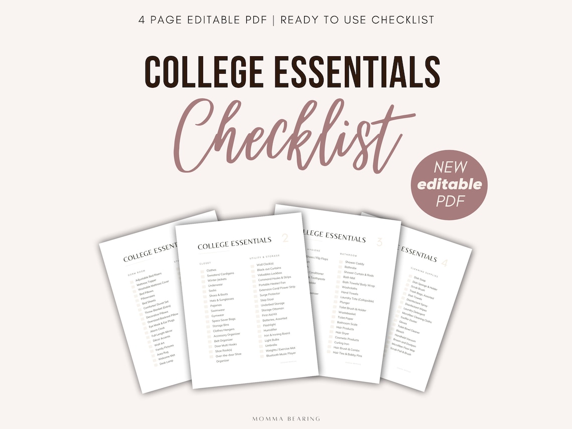 Best College Essentials Checklist, Printable Dorm Room Packing List A4 PDF, University Freshman Move-In Prep, Study Abroad Guide What to Buy image 1