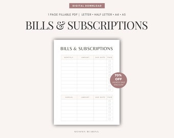 May include: Printable bills and subscriptions tracker with sections for monthly and annual bills. The tracker has columns for the bill name, amount, due date, and paid status. A 70% off launch sale discount is highlighted in a pink circle.