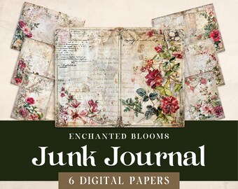 Papel digital Shabby Chic, Diario basura imprimible, Floral rojo vintage romántico, Paquete de artesanía decoupage, Hoja de collage de medios mixtos efímeros