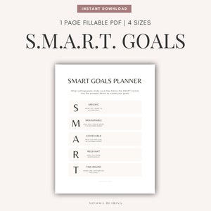 Può includere: Un planner PDF stampabile con sfondo bianco e testo nero. Il planner è intitolato "SMART GOALS PLANNER" e include un elenco di controllo dei criteri degli obiettivi SMART: Specifico, Misurabile, Raggiungibile, Rilevante e Tempo determinato.