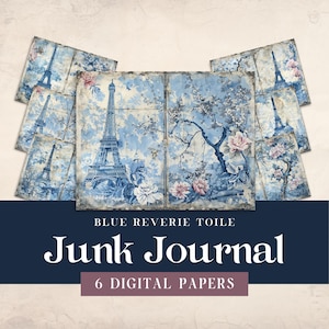 Blue Toile Junk Journal Digital Paper, Printable Floral Paris Chinoiserie, 6 Page Craft Bundle, Ephemera Mixed Media Collage Sheet 11 x 8.5