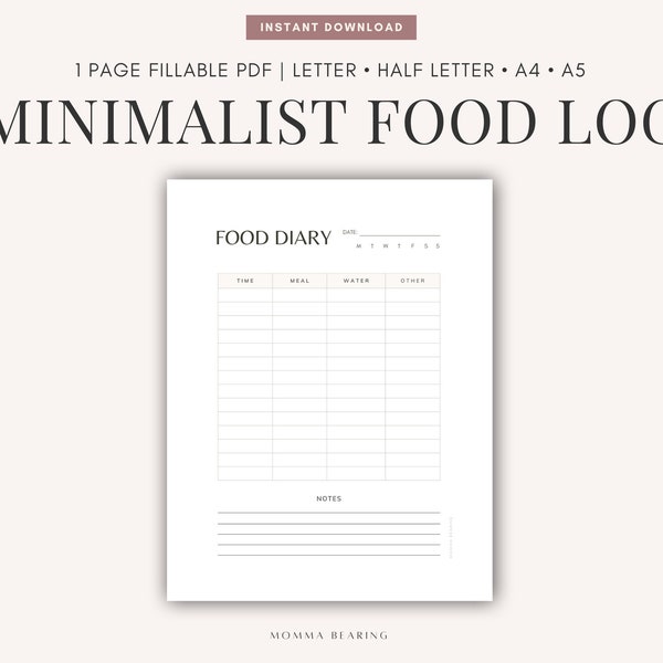 Printable Food Diary Digital Food Journal Undated Meal Tracker Daily