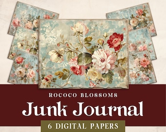 Papel digital Shabby Chic, diario imprimible, diseño floral rojo vintage romántico, paquete de manualidades con decoupage, hoja de collage de técnica mixta con efímeras
