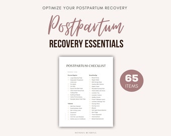 May include: A printable postpartum checklist with 65 items, including personal hygiene, breastfeeding, and soothing items. The checklist is titled "Postpartum Checklist" and is in a light brown color scheme.