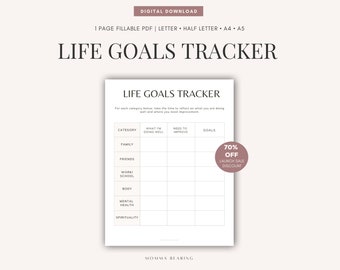 Printable Life Goals Tracker, Goal Setting Worksheet, New Year Resolutions PDF, Growth Mindset, Dream Chart Worksheet, Digital Download PDF