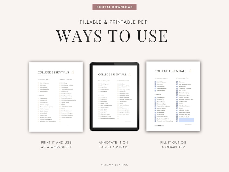 Best College Essentials Checklist, Printable Dorm Room Packing List A4