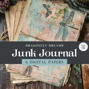 Whimsical Dragonfly Digital Paper, Printable Dragonfly Junk Journal, Vintage Decoupage Page, Cottagecore Craft Bundle, Mixed Media Collage