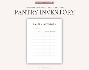 Pantry Inventory Printable, Kitchen Inventory List, Food Storage, Expiration Tracker PDF, Digital Household Organizer, Half Letter, A4, A5,