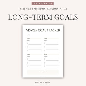 Könnte beinhalten: Druckbarer Jahresziel-Tracker-Planer mit weißem Hintergrund und schwarzem Text. Der Titel lautet "Yearly Goal Tracker". Es gibt vier Abschnitte für Ziele, mit Platz für das Jahr und eine Liste von Zielen. Es gibt auch einen Abschnitt für zusätzliche Notizen.