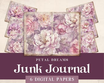 Papel digital Shabby Chic, Diario basura imprimible, Floral rojo vintage romántico, Paquete de artesanía decoupage, Hoja de collage de medios mixtos efímeros