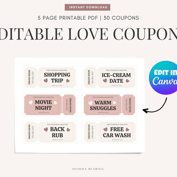 Editable Personalized Love Coupons, Romantic Last Minute Valentine's Day Gift for Him, Fun Boyfriend Birthday, Best Anniversary Date Ideas