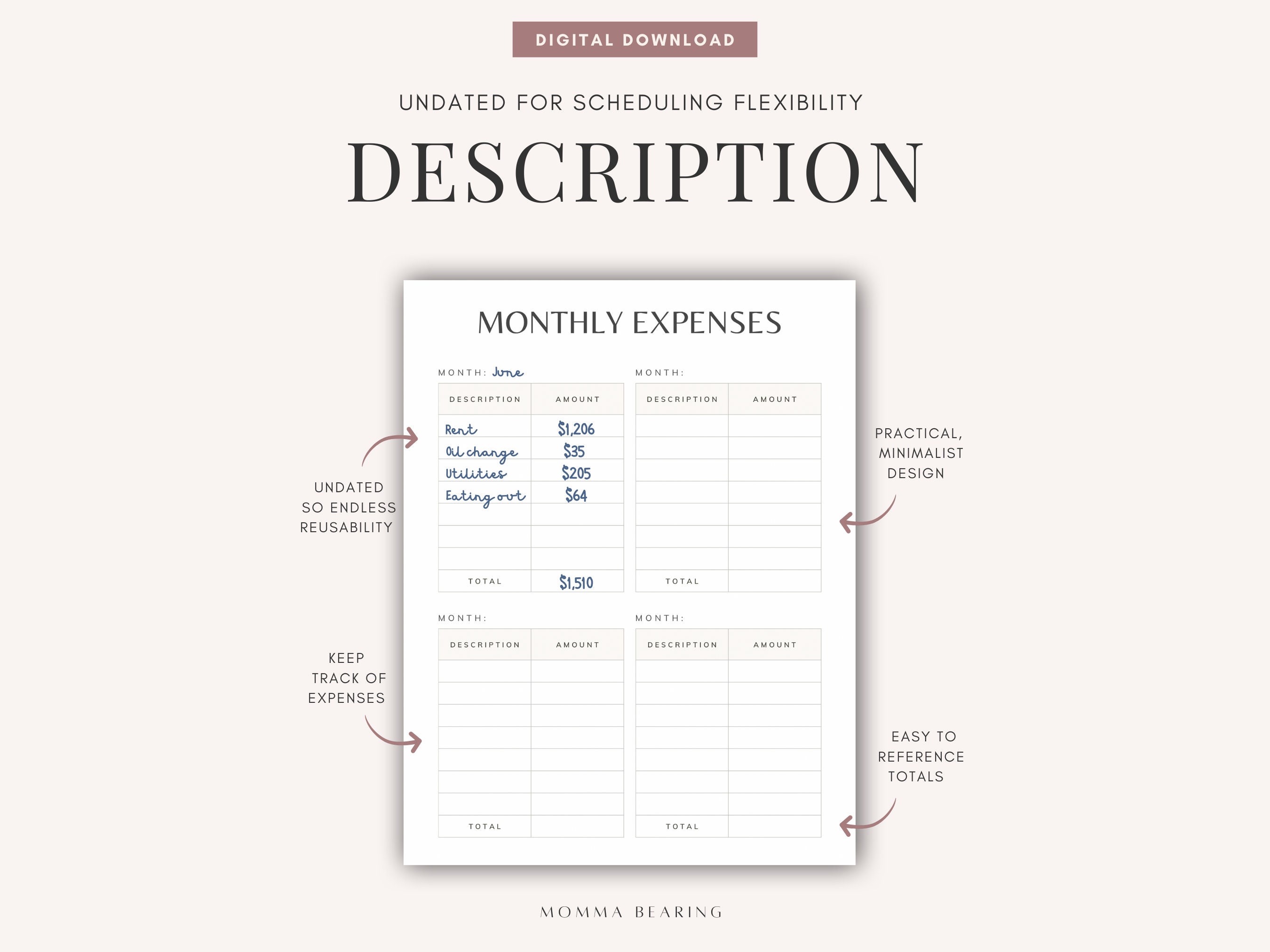 Monthly Expense Tracker Printable, Minimalist Spending Log PDF, Bill ...