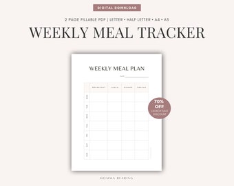 Weekly Meal Tracker, Printable Meal Tracker, Undated Food Journal Page, Minimalist Daily Food Log, Healthy Meal Plan, PDF Digital Download