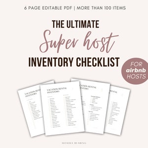 Lista de verificación imprimible del inventario del súper anfitrión, servicios de alquiler vacacional a corto plazo, lista personalizable de elementos esenciales para el anfitrión en PDF, suministros Qué comprar