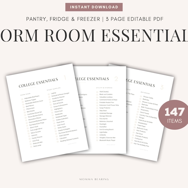 Printable Dorm Room Checklist, College Essentials Prep, Freshman Move-In, What to Pack for University, Digital Shopping List, PDF Download