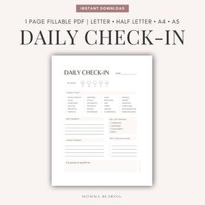 Daily Check-In, Mood Tracker Printable, Undated Mood Log, Wellness Journal Page, Self-Care Worksheet PDF, Daily Reflection, Instant Download