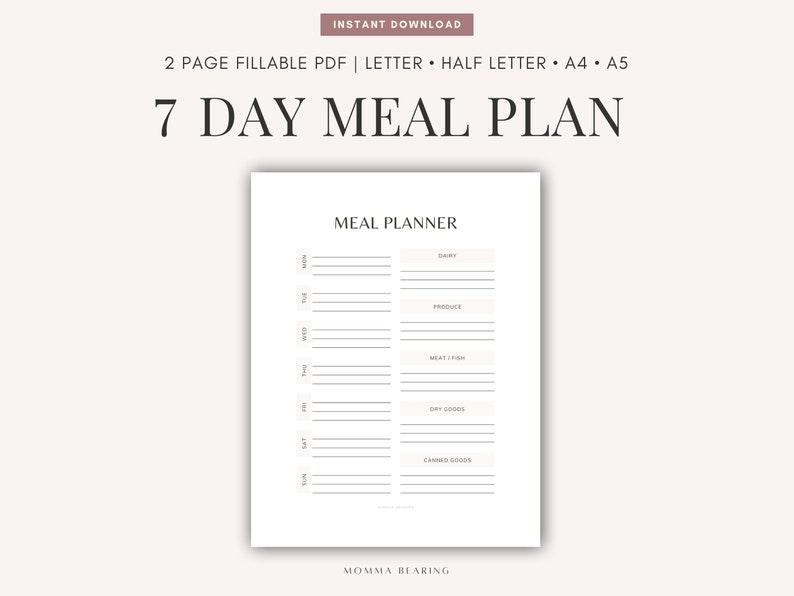 7 Day Meal Plan & Grocery List, Easy Healthy Diet Menu Template ...