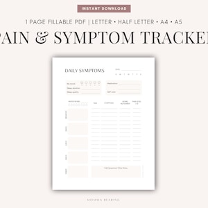 May include: Printable pain and symptom tracker with a daily log for tracking mood, sleep duration, sleep quality, medication, self-care, and other symptoms. The tracker includes a section for recording pain levels and movement.