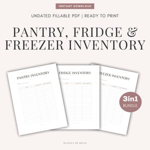 May include: Printable pantry, fridge, and freezer inventory lists. The three lists are in a 3-in-1 bundle. The lists are undated and ready to print.