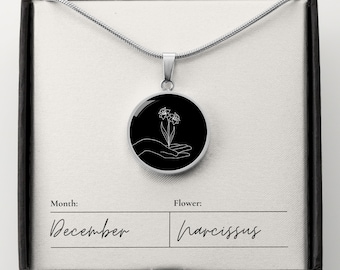 Narcissus Necklace Birth Flower Gift | December Necklace Birth Month Jewelry | Birth Flower Necklace Best Friend Gift Box | Mama Necklace