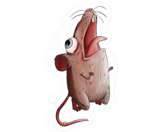 May include: A cartoon illustration of a brown mouse with a large, wide-open mouth and one bulging eye. The mouse is drawn in a stylized, exaggerated way, giving it a comical and slightly unsettling appearance.