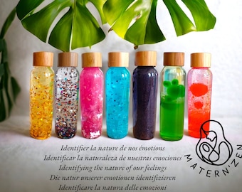 Sensory bottles to express your emotions and feelings. Montessori playful sensory activity.