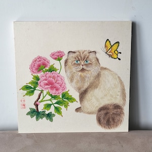 A cat with peony. Korean Traditional Painting Minhwa.