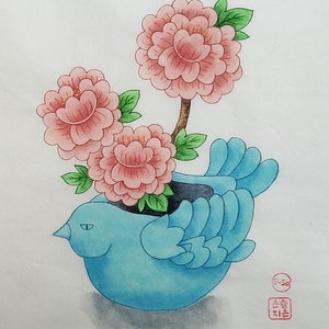 Peony in the vase. Korean Traditional Painting Minhwa.