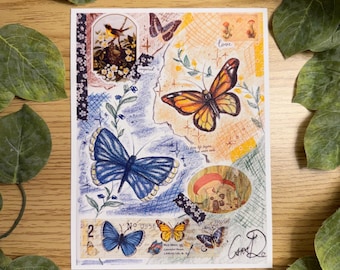 Whimsical Vintage Butterfly Journal Art, Original Prints