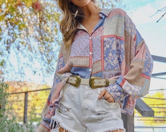 Western Patch Top | Women’s Top | High Low Oversized Fit Button Down Top | Cowboy Chic Boutique | Patch Flowy Top