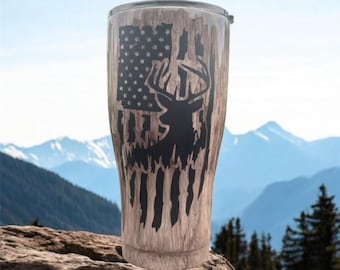 Deer Hunter 30oz Tumbler: Wood Grain American Flag Design