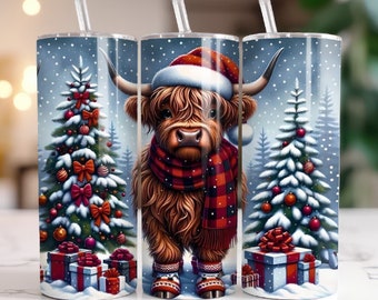 Christmas Highland Cow 40oz Tumbler with Handle, Lid, Straw, Laser