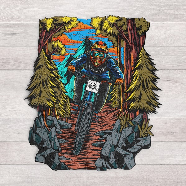 Full Send Puzzles - wooden jigsaw puzzle with epic mountain bike art - Great gift for mountain bikers, cyclists, and adrenaline junkies.