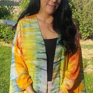 Handmade Sunrise Bohemian Rayon Kimono Jacket in Stunning Golds, Yellows, Greens, and Blues, Summer Kimono Cardigan,Kimono Gift for Mom