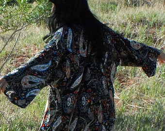 Rayon Kimono Jacket Multi-Colored Paisley on Black Background
