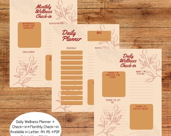 Daily Wellness Planner in Beige + Check-in+Monthly Check-in Available in Letter, A4, A5 +PDF. Printable +Fillable