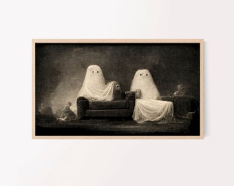 Halloween Ghost Spooky Digital Instant Download Art para Samsung TV Frame TV, Fantasmas sentados en el sofá, Arte de sala de estar en blanco y negro