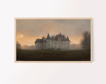 Samsung frame tv art for fall, halloween, eerie castle french landscape oil painting art digital download