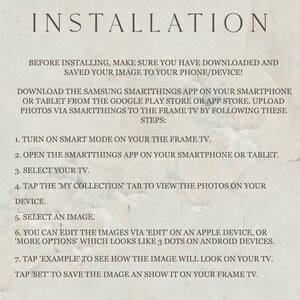 Puede incluir: Instrucciones de instalaci&oacute;n para The Frame TV, con pasos para descargar la aplicaci&oacute;n SmartThings y subir fotos. El texto est&aacute; en fuente serif sobre un fondo claro.
