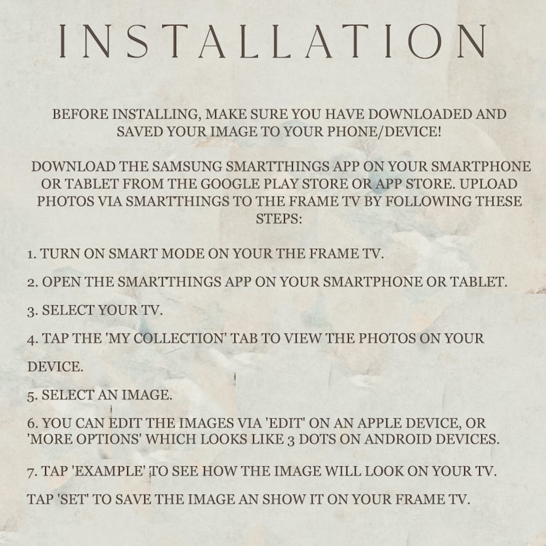 Puede incluir: Instrucciones de instalaci&oacute;n para The Frame TV, con pasos para descargar la aplicaci&oacute;n SmartThings y subir fotos. El texto est&aacute; en fuente serif sobre un fondo claro.