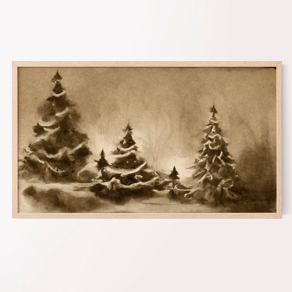 Samsung Christmas Frame TV art - christmas winter trees at night, twinkle lights, holidays, instant download, charcoal sketch