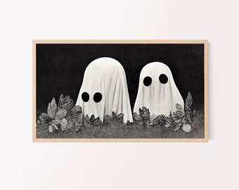 Spooky Samsung frame tv art for Halloween, ghosts, collage & oil painting style, Cute Halloween Ghosts in Black And White