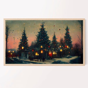 Christmas holiday Samsung frame TV art, winter landscape city scene, vintage artwork, instant download