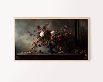 Arte de naturaleza muerta vintage con un ambiente floral otoñal, arte de televisión de maestros holandeses, arte otoñal para televisión con marco Samsung