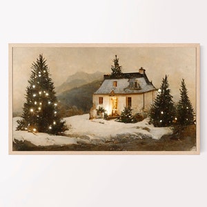 Samsung Christmas Frame TV art christmas winter cabin at night, twinkle lights, holidays, instant download, merry christmas, happy holiday image 1
