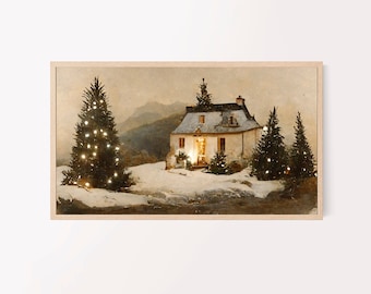 Samsung Christmas Frame TV art - christmas winter cabin at night, twinkle lights, holidays, instant download, merry christmas, happy holiday