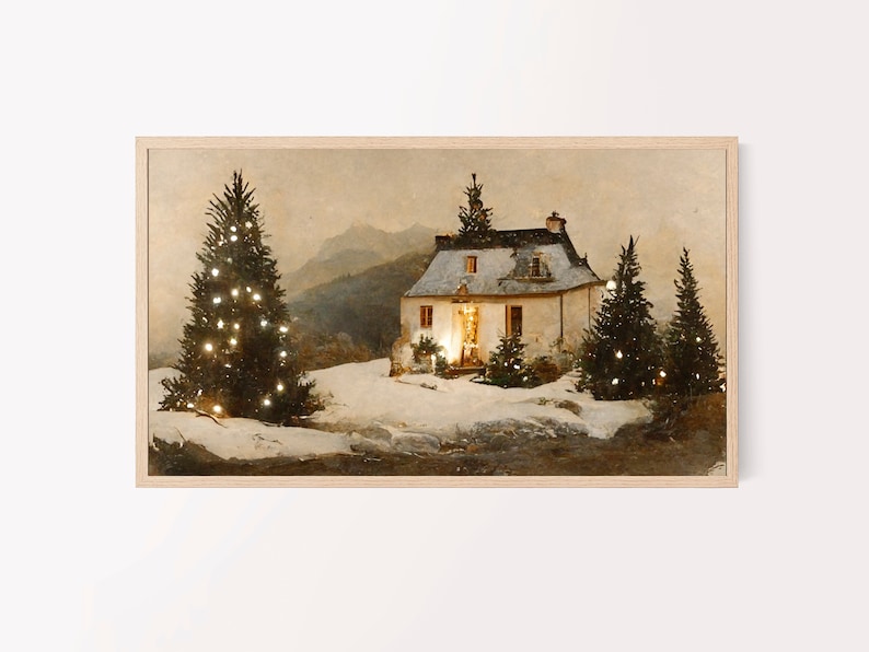 Samsung Christmas Frame TV art christmas winter cabin at night, twinkle lights, holidays, instant download, merry christmas, happy holiday image 1